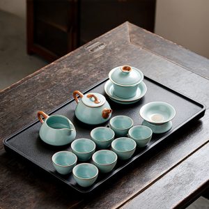 Antique Ru Kiln Style Celadon Porcelain Crack Glaze Gong Fu Tea Tray Set For Sale