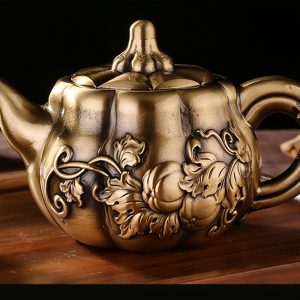 Antique Small Pumpkin Shaped Embossed Pattern Brass Tea Kettle For Sale