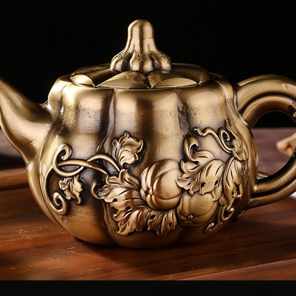 Antique Small Pumpkin Shaped Embossed Pattern Brass Tea Kettle For Sale