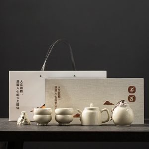 Antique White Lake Stone Theme Ceramic Traditional Tea Ceremony Set Japanese
