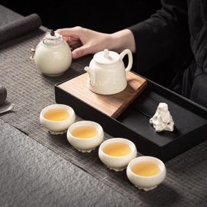 Antique White Lake Stone Theme Ceramic Traditional Tea Ceremony Set Japanese
