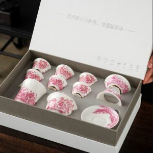 Authentic Mutton Fat Jade Porcelain Hand Painted Rose Colored Landscape Theme Antique Chinese Tea Set
