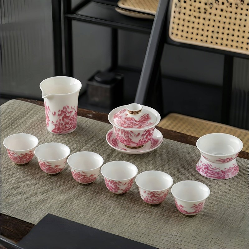 Authentic Mutton Fat Jade Porcelain Hand Painted Rose Colored Landscape Theme Antique Chinese Tea Set Authentic Mutton Fat Jade Porcelain Hand Painted Rose Colored Landscape Theme Antique Chinese Tea Set