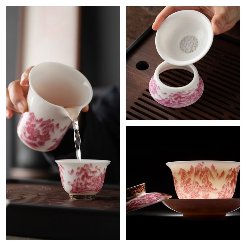 Authentic Mutton Fat Jade Porcelain Hand Painted Rose Colored Landscape Theme Antique Chinese Tea Set Authentic Mutton Fat Jade Porcelain Hand Painted Rose Colored Landscape Theme Antique Chinese Tea Set