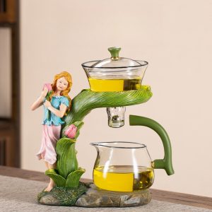 Beautiful Flower Fairy Theme Green Semi Auto Lazy Glass Tea Set