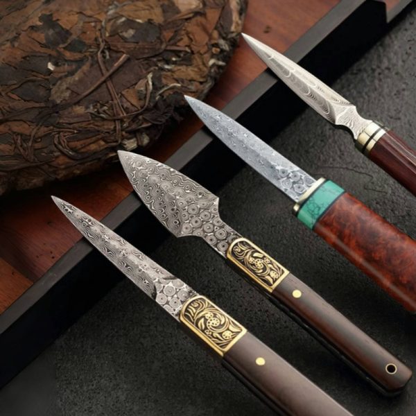 Best Antique Traditional Copper And Red Sandalwood Damascus Steel Tea Ceremony Knives