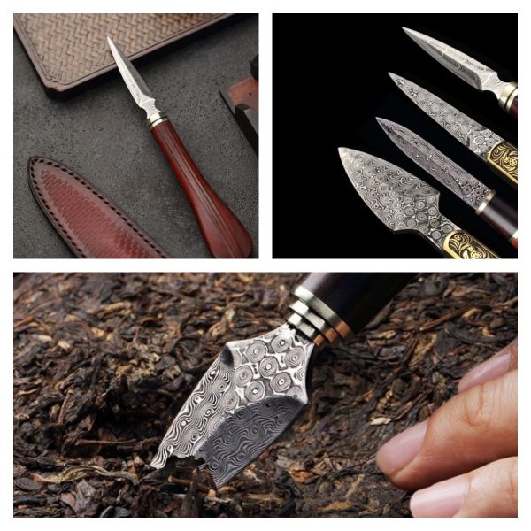 Best Antique Traditional Copper And Red Sandalwood Damascus Steel Tea Ceremony Knives