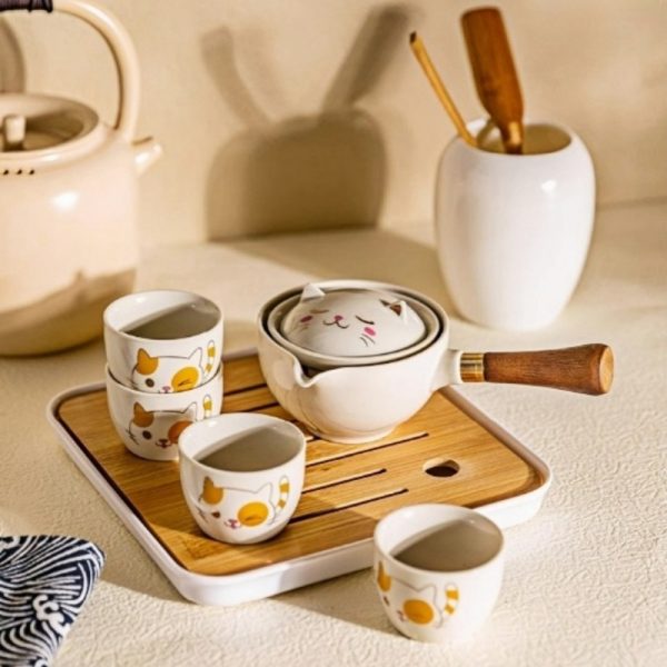 Best Cute Cat Portable Rotation Side Handle Portable Travel Tea Sets In Case