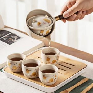 Best Cute Cat Portable Rotation Side Handle Portable Travel Tea Sets In Case