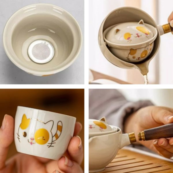 Best Cute Cat Portable Rotation Side Handle Portable Travel Tea Sets In Case