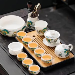 Best Dragon Theme Mutton Fat Jade White Porcelain Antique Gongfu Cha Tray Set