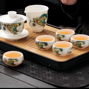 Best Dragon Theme Mutton Fat Jade White Porcelain Antique Gongfu Cha Tray Set