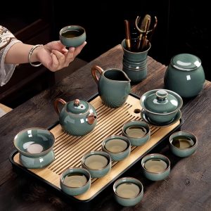 Best Ge Kiln Style Crack Glaze Celadon Porcelain Gongfu Cha Tea Tray Set For Sale