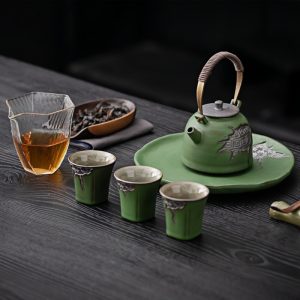 Best Traditional Green Rough Pottery Valuable Antique Japanese Tea Ceremony Set