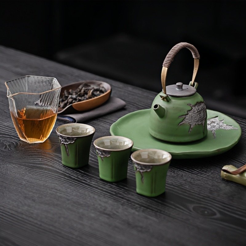 Best Traditional Green Rough Pottery Valuable Antique Japanese Tea Ceremony Set Best Traditional Green Rough Pottery Valuable Antique Japanese Tea Ceremony Set