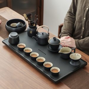 Black Pottery Antique Gongfu Tea Ceremony Set With Wujin Stone Tea Tray