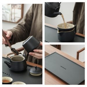 Black Pottery Antique Gongfu Tea Ceremony Set With Wujin Stone Tea Tray