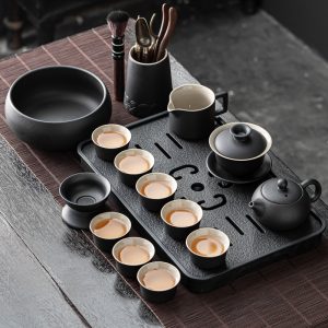Black Pottery Valuable Authentic Handmade Japanese Traditional Tea Set Antique
