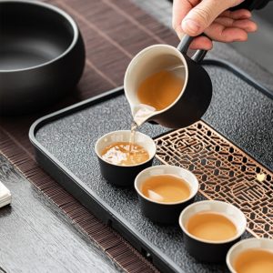 Black Pottery Valuable Authentic Handmade Japanese Traditional Tea Set Antique