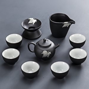 Black Silver Inlaid Traditional Valuable Antique Japanese Tea Ceremony Set For Sale