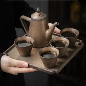 Black And Gold Rust Glaze Handmade Ceramic Japanese Antique Tea Ceremonial Set