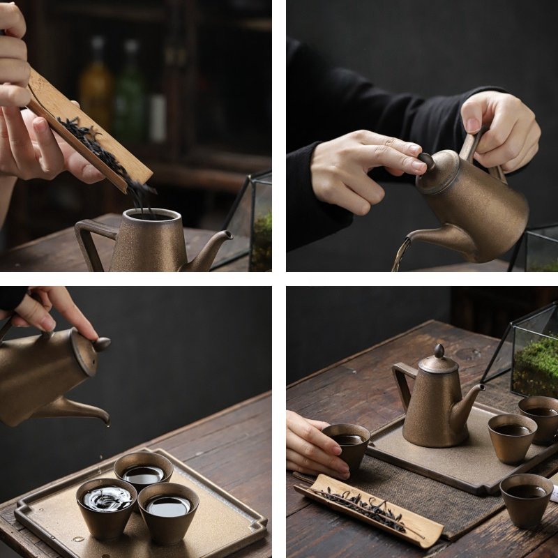 Black And Gold Rust Glaze Handmade Ceramic Japanese Antique Tea Ceremonial Set Black And Gold Rust Glaze Handmade Ceramic Japanese Antique Tea Ceremonial Set
