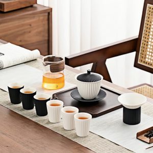 Black And White Ceramic Vertical Stripes Tea Service Set Japanese For Sale