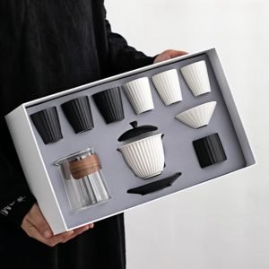 Black And White Ceramic Vertical Stripes Tea Service Set Japanese For Sale