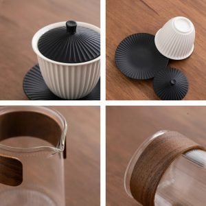 Black And White Ceramic Vertical Stripes Tea Service Set Japanese For Sale