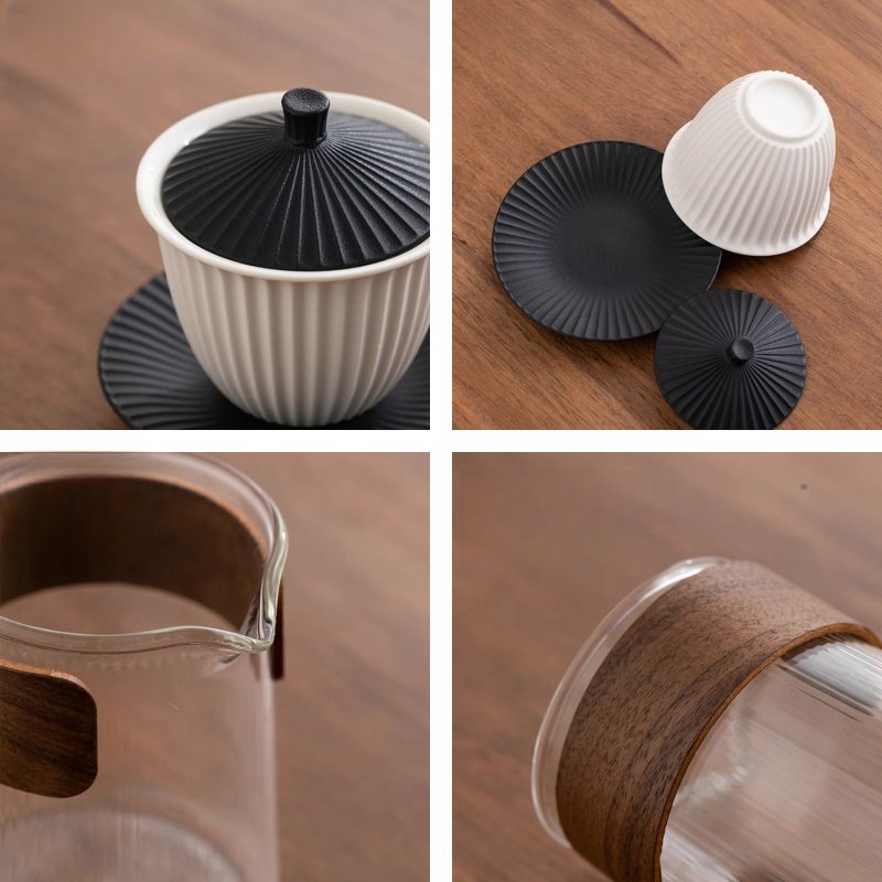 Black And White Ceramic Vertical Stripes Tea Service Set Japanese For Sale Black And White Ceramic Vertical Stripes Tea Service Set Japanese For Sale