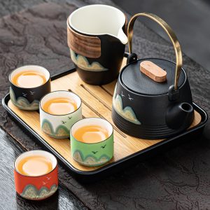 Black And White Colorful Ceramic Mountain Theme Valuable Japanese Tea Sets