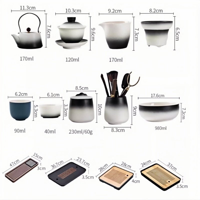 Black And White Gradient Ceramic Antique Kung Fu Tea Service Set With Wooden Tray Black And White Gradient Ceramic Antique Kung Fu Tea Service Set With Wooden Tray