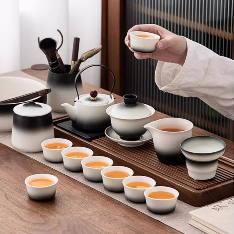 Black And White Gradient Ceramic Antique Kung Fu Tea Service Set With Wooden Tray Black And White Gradient Ceramic Antique Kung Fu Tea Service Set With Wooden Tray