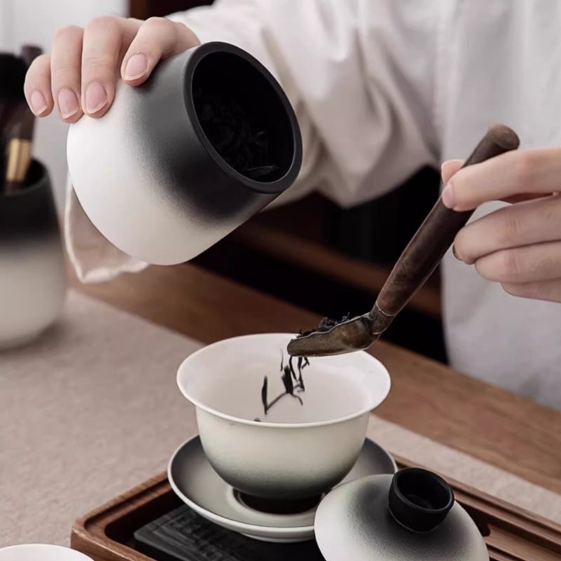 Black And White Gradient Ceramic Antique Kung Fu Tea Service Set With Wooden Tray Black And White Gradient Ceramic Antique Kung Fu Tea Service Set With Wooden Tray