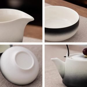 Black And White Gradient Ceramic Antique Kung Fu Tea Service Set With Wooden Tray