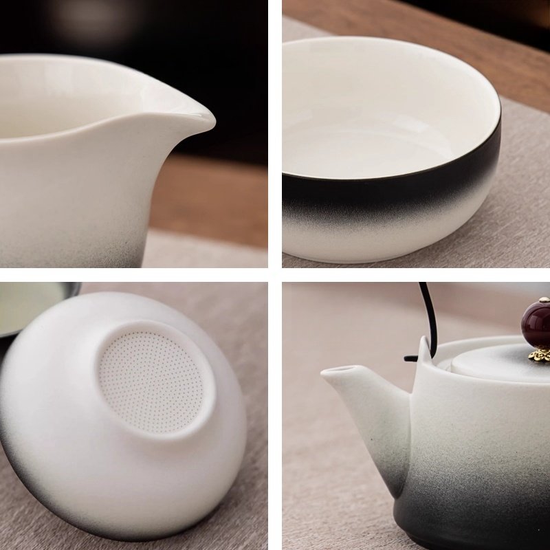Black And White Gradient Ceramic Antique Kung Fu Tea Service Set With Wooden Tray Black And White Gradient Ceramic Antique Kung Fu Tea Service Set With Wooden Tray