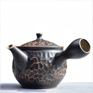 Black And White Hammered Rough Pottery Japanese Side Handle Tea Kettle