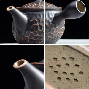Black And White Hammered Rough Pottery Japanese Side Handle Tea Kettle