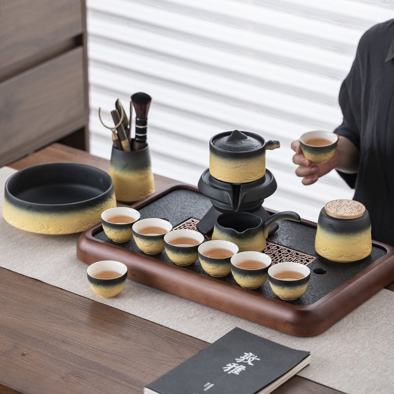 Black And Yellow Gradient Mountain Theme Ceramic Kung Fu Tea Set With Rectangular Tray Black And Yellow Gradient Mountain Theme Ceramic Kung Fu Tea Set With Rectangular Tray