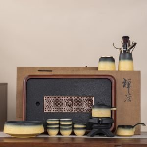 Black And Yellow Gradient Mountain Theme Ceramic Kung Fu Tea Set With Rectangular Tray