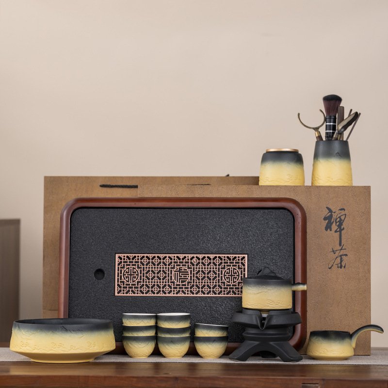 Black And Yellow Gradient Mountain Theme Ceramic Kung Fu Tea Set With Rectangular Tray Black And Yellow Gradient Mountain Theme Ceramic Kung Fu Tea Set With Rectangular Tray