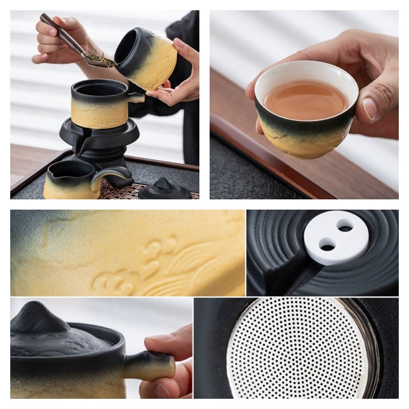 Black And Yellow Gradient Mountain Theme Ceramic Kung Fu Tea Set With Rectangular Tray Black And Yellow Gradient Mountain Theme Ceramic Kung Fu Tea Set With Rectangular Tray