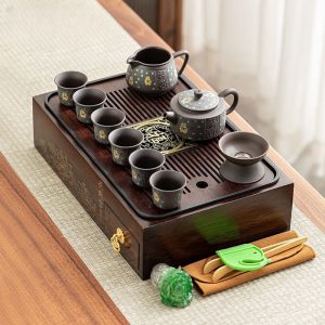 Blessing Theme Ceramic Gong Fu Cha Tea Ceremony Set With Wooden Storage Box Tray