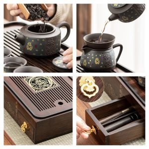 Blessing Theme Ceramic Gong Fu Cha Tea Ceremony Set With Wooden Storage Box Tray