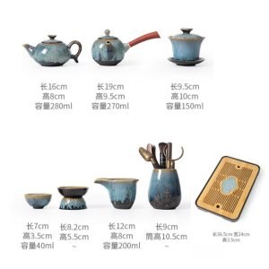 Blue Antique Kiln Transformed Ceramic Gong Fu Cha Teaware Service Sets With Wooden Tray