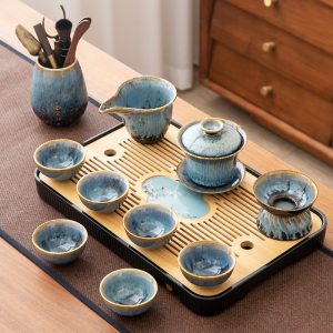 Blue Antique Kiln Transformed Ceramic Gong Fu Cha Teaware Service Sets With Wooden Tray