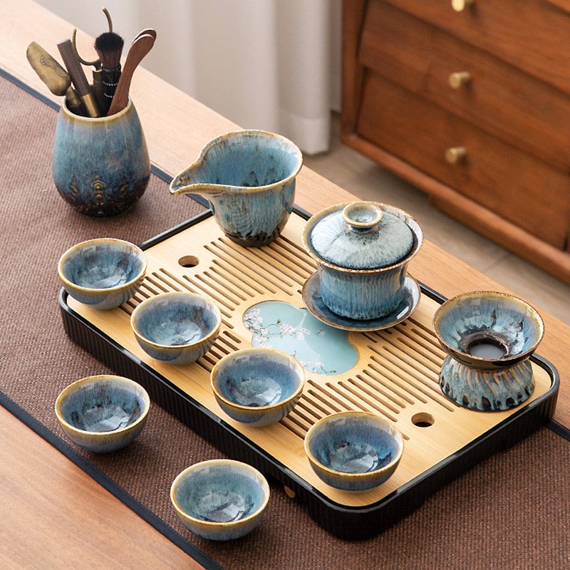 Blue Antique Kiln Transformed Ceramic Gong Fu Cha Teaware Service Sets With Wooden Tray Blue Antique Kiln Transformed Ceramic Gong Fu Cha Teaware Service Sets With Wooden Tray