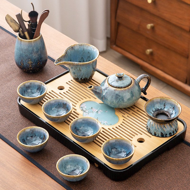 Blue Antique Kiln Transformed Ceramic Gong Fu Cha Teaware Service Sets With Wooden Tray Blue Antique Kiln Transformed Ceramic Gong Fu Cha Teaware Service Sets With Wooden Tray