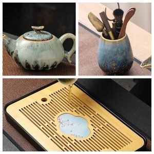 Blue Antique Kiln Transformed Ceramic Gong Fu Cha Teaware Service Sets With Wooden Tray