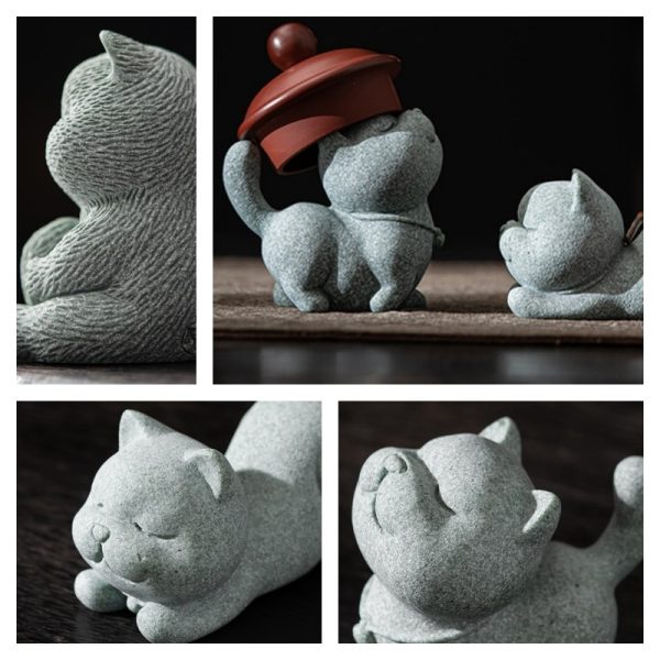 Blue Sandstone Chinese Traditional Handmade Cute Tea Pet Yixing Cat